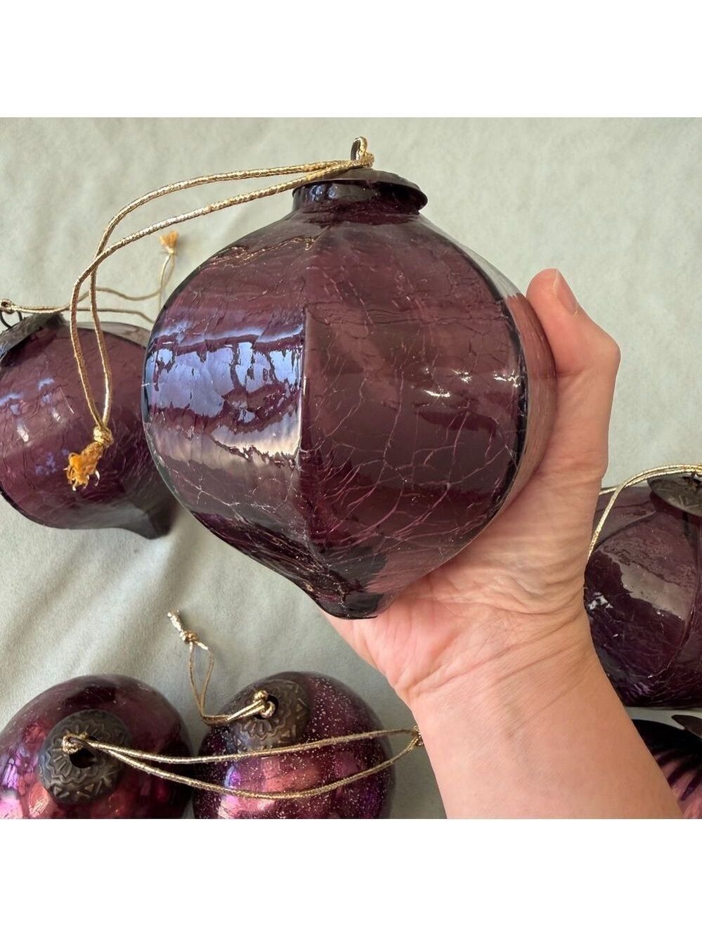 Purple Blown Glass Kugel Ball Christmas Ornament Set Of 6 - Picture 5 of 9